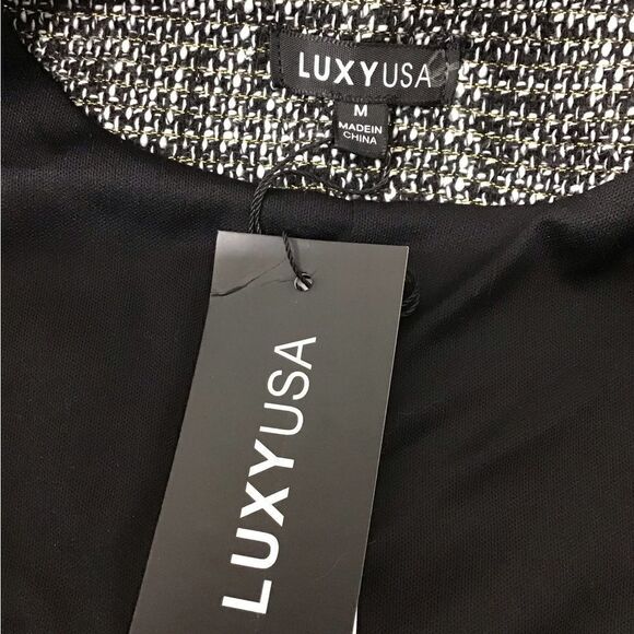 LUXY USA Black Tweed Collarless Fringe Trim Blazer New Size Medium - Picture 10 of 10